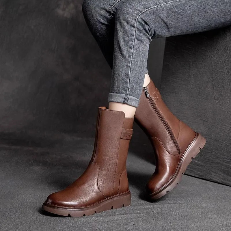Genuine Leather Mid-Calf Motorcycle Boots Women's Autumn Winter New Style Retro Soft Bottom  Boots Trendy Short Boots