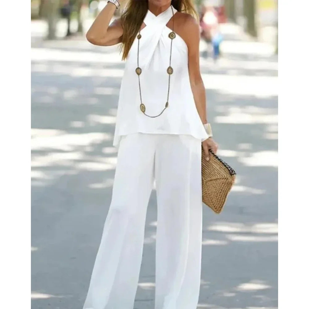Women's Two-Piece Set Halter Sleeveless V-Neck Top & High Waist Pants Casual Fashion Loose Outfits