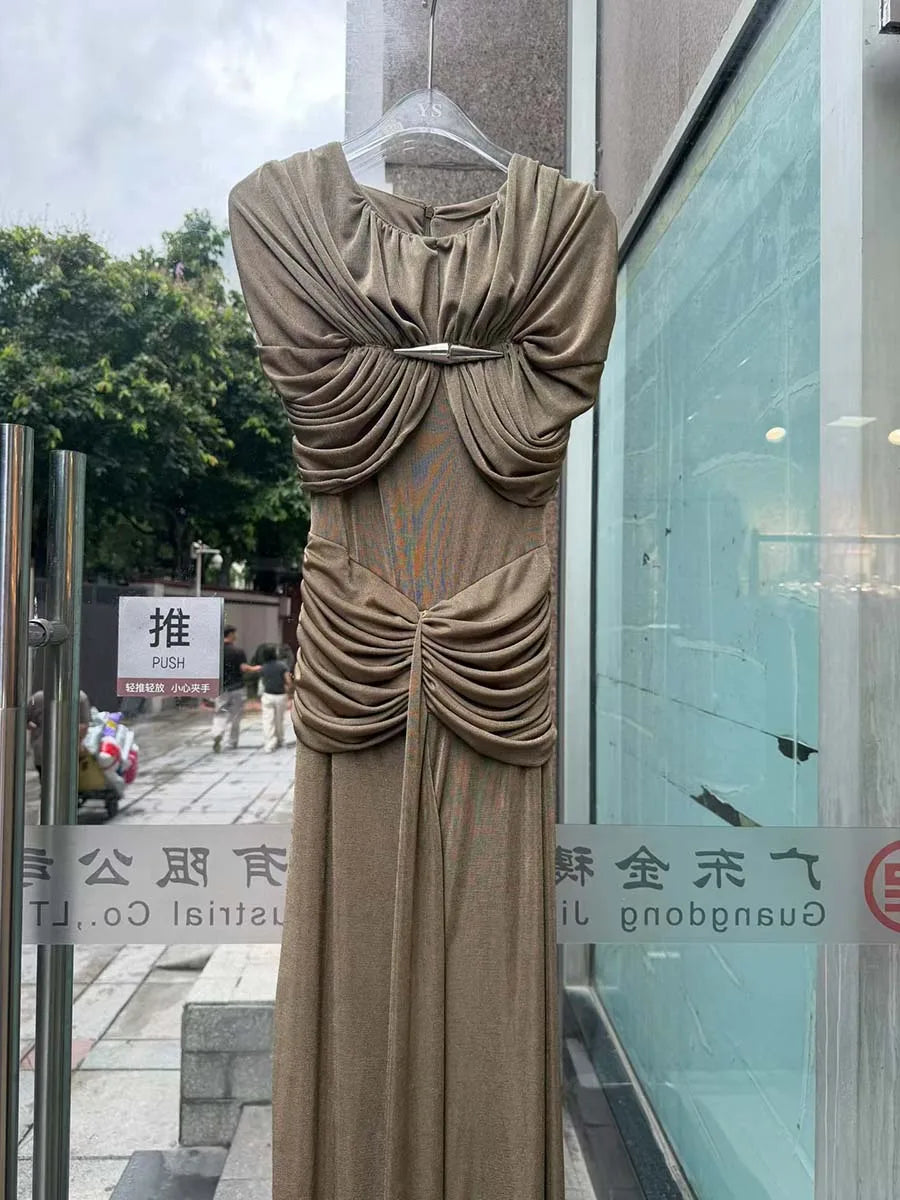 VGH Elegant Light Luxury Maxi Dress for Women Cape Sleeve Cutout Twist Waist Long Gown for Celebrity Formal Dinner Party Outfit