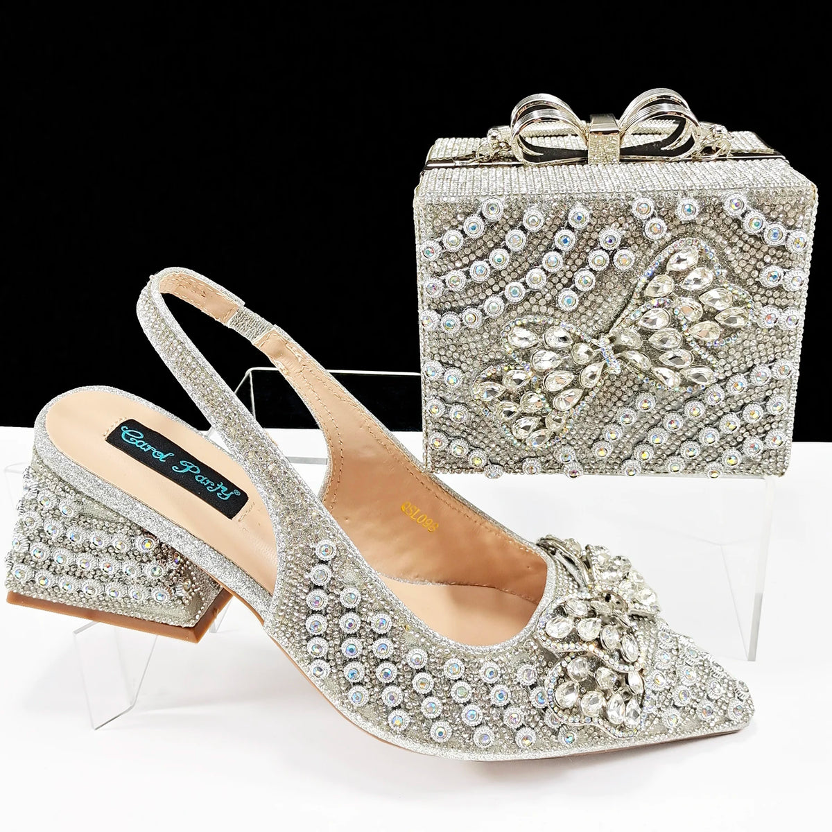 Women's Rhinestone Pointed Toe Heels & Handbag Set