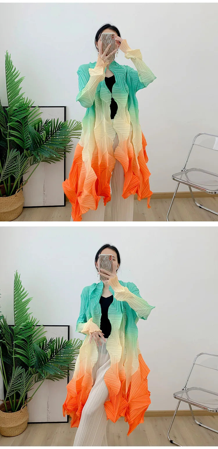 Women's Miyake Pleated Gradient Cardigan Cape Jacket | Loose Mid-Length Autumn Coat 2025 | AvantBah