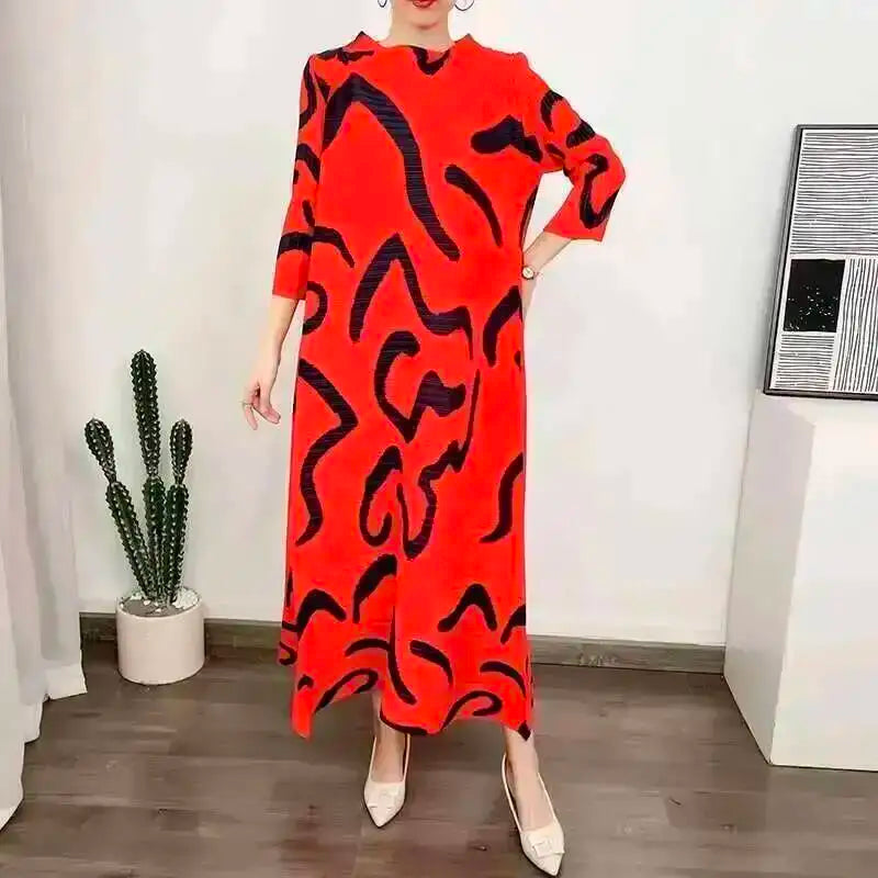 LANMREM Color Block Pleated Dress Women Loose Style Long Length Fashion Dresses Festival Clothes 2024 Spring Summer New 2DA1028