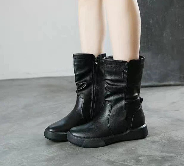 Footwear Half High Mid Calf Ladies Boots Flat Black Shoes For Women Round Toe Chic Point Hot Promotion Fashion 2025 Demi-season