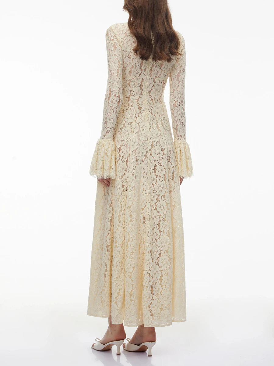 VGH White Loose Spliced Lace Chic Dresses for Women O Neck Long Sleeve French Elegant Dress Female Summer Fashion Style Clothing