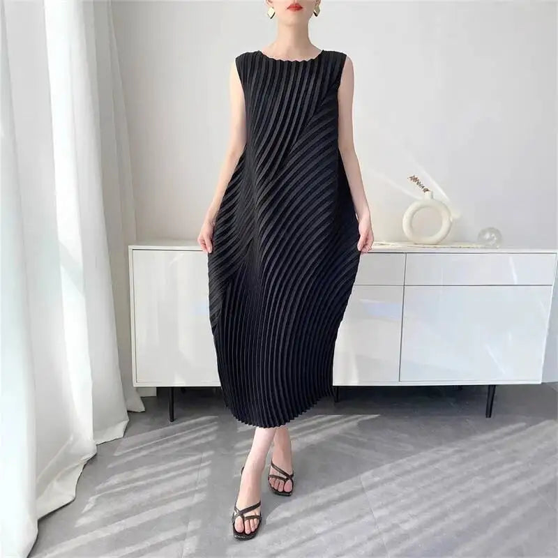 LANMREM Handmade Pleated Women's Sleeveless Summer Dress Wave Pattern Irregular Loose O-neck Mid-Length Pleated Dresses 2DB4814