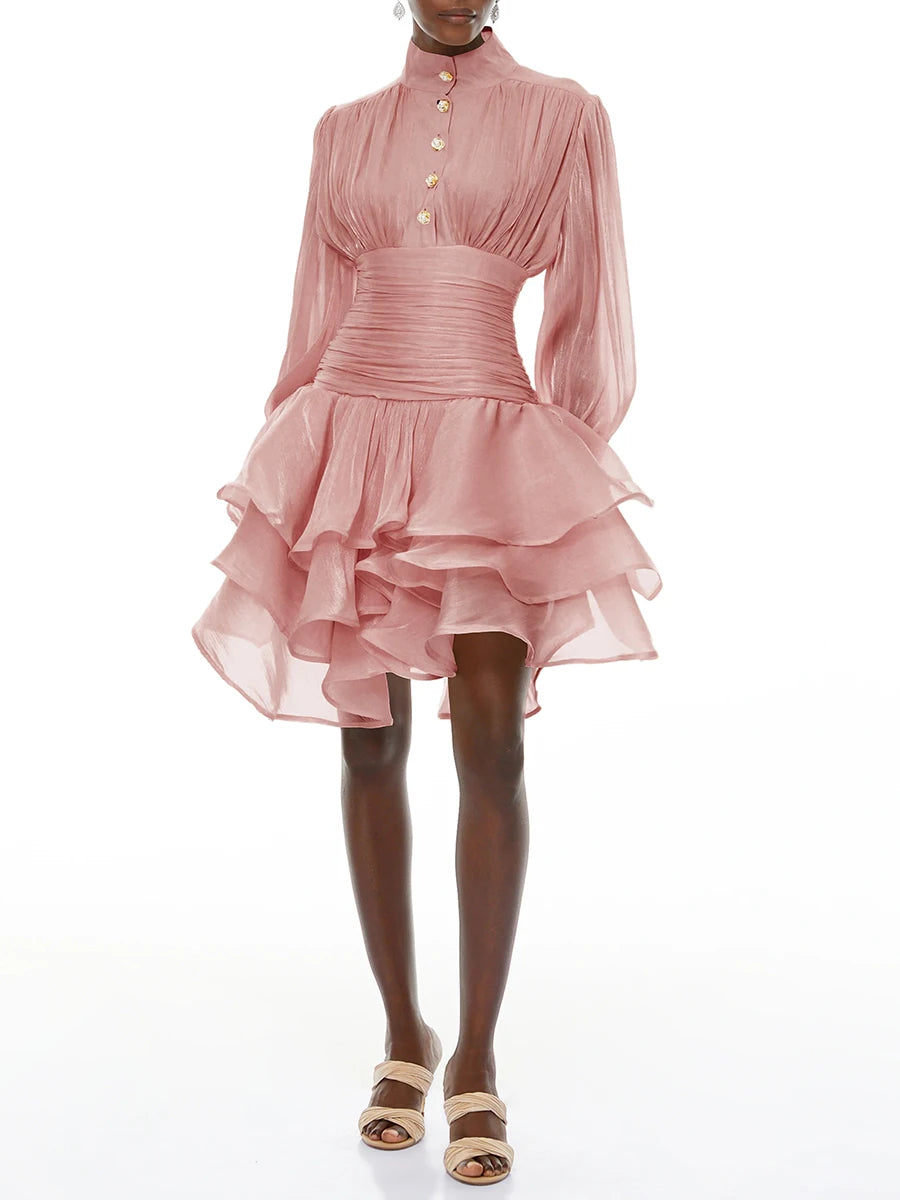VGH Elegant Pink High Neck Organza Fabric Mini Dresses for Women Puff Sleevs Ruched Waist Tiered Ruffles for Cocktail Parties