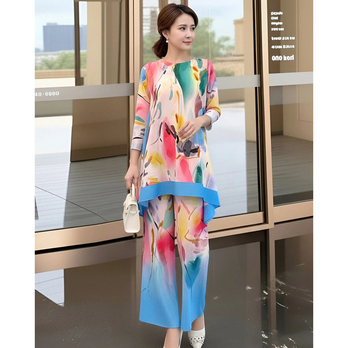 LANMREM Blue Green Tie-Dye Print Women's Two-piece Set Three-quarter Sleeves A-line Top Wide Leg Pants 2026 Spring New 2DB7115