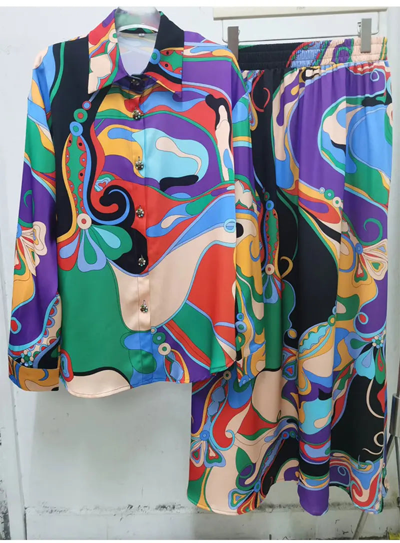 Retro Spring Fashion Two-Piece Set Geometric Print Long Sleeve Shirt Elastic Waist Fluffy Skirt Women's Holiday Outfit