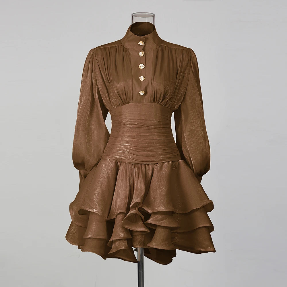 Women's High-Neck Puff-Sleeve Tiered Mini Dress