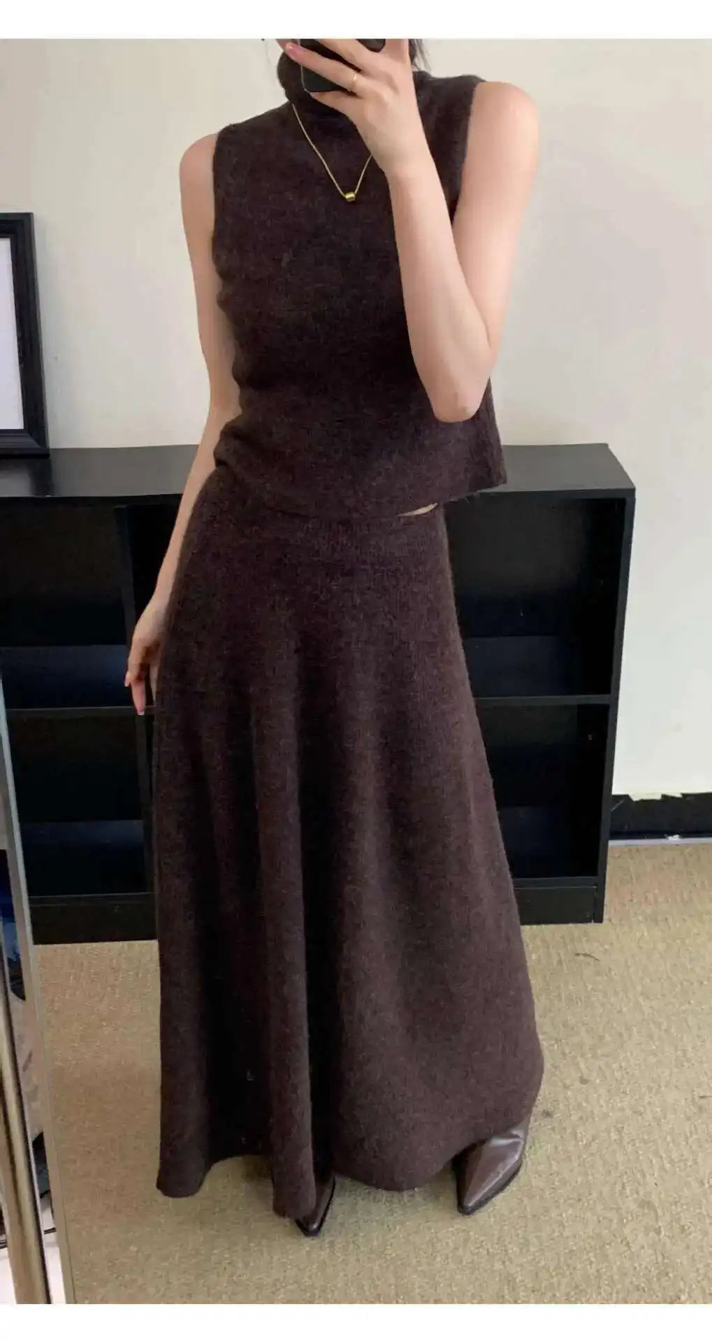 Ensemble 3 Pièces Tricoté Élégant Femme – Long Cardigan, Gilet Sans Manches, Jupe Longue Taille Haute Évasée