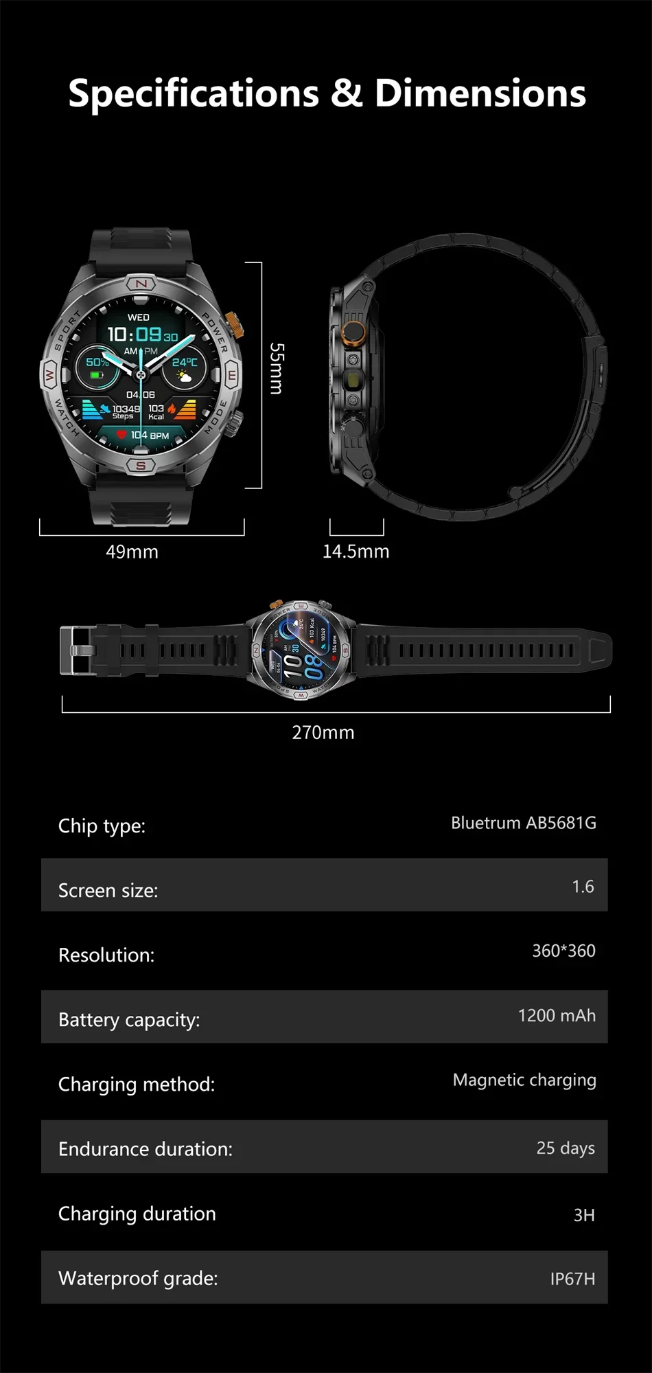 Military Grade 1200 mAh Battery Smart Watch Men LED Flashlight Outdoor Sports Fitness Tracker Compass Bluetooth Call Smartwatch