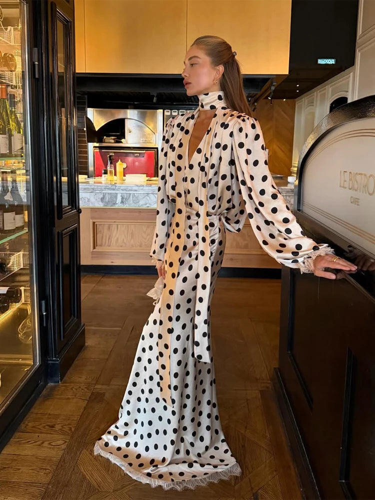 Polka Dot Two-Piece Set | High Collar Top & Ankle-Length Skirt