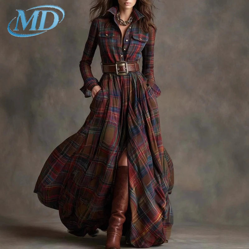French Retro Plaid Print Slit Long Dresses Woman Elegant Turn-down Collar Button Maxi Dress Autumn Long Sleeve Pocket Boho Dress