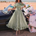 VGH Elegant Off Shoulder Ruffle Midi Maxi Dress for Women Shiny Pleated Waistband Back Zipper for Formal Prom Evening Party Gown