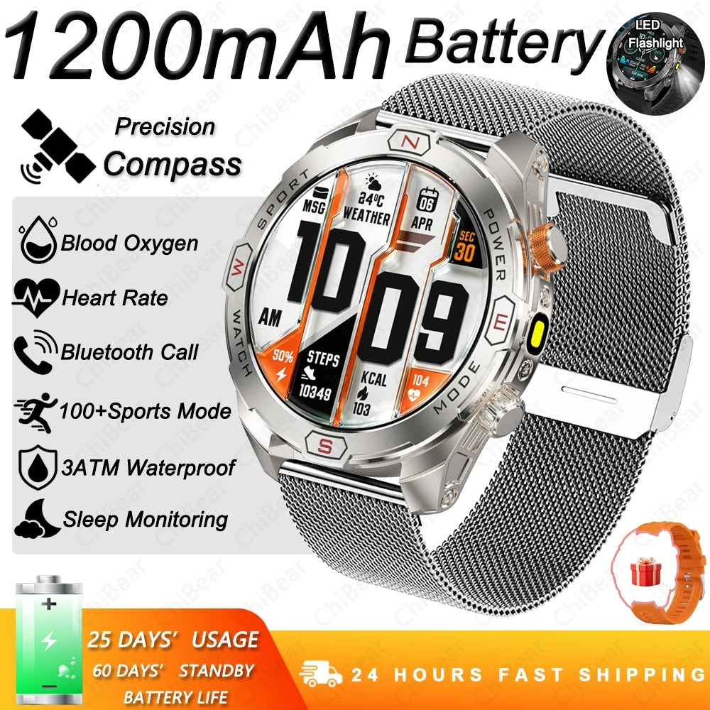 Military Grade 1200 mAh Battery Smart Watch Men LED Flashlight Outdoor Sports Fitness Tracker Compass Bluetooth Call Smartwatch