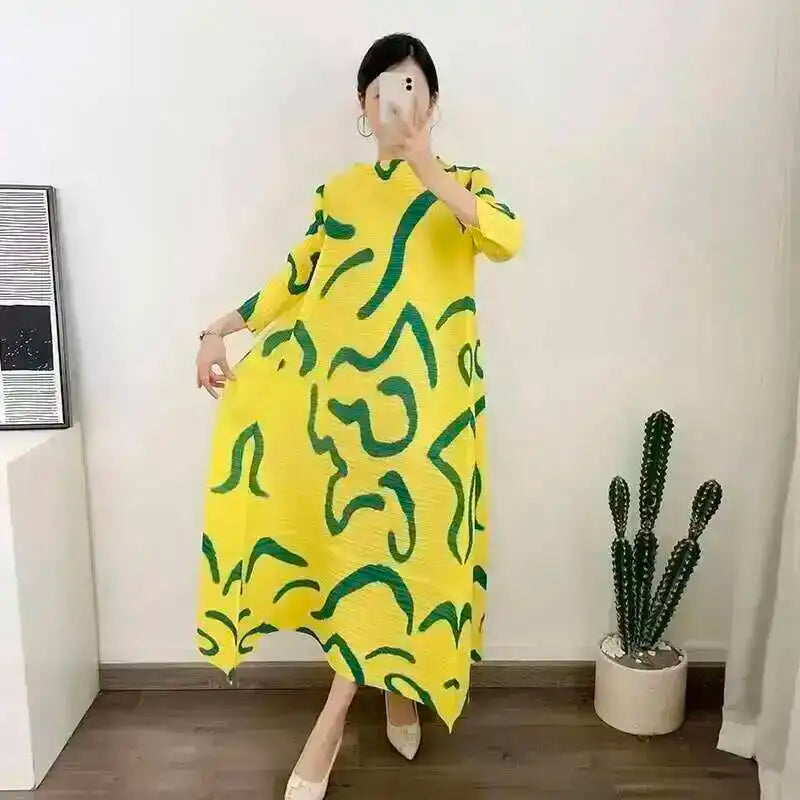 LANMREM Color Block Pleated Dress Women Loose Style Long Length Fashion Dresses Festival Clothes 2024 Spring Summer New 2DA1028