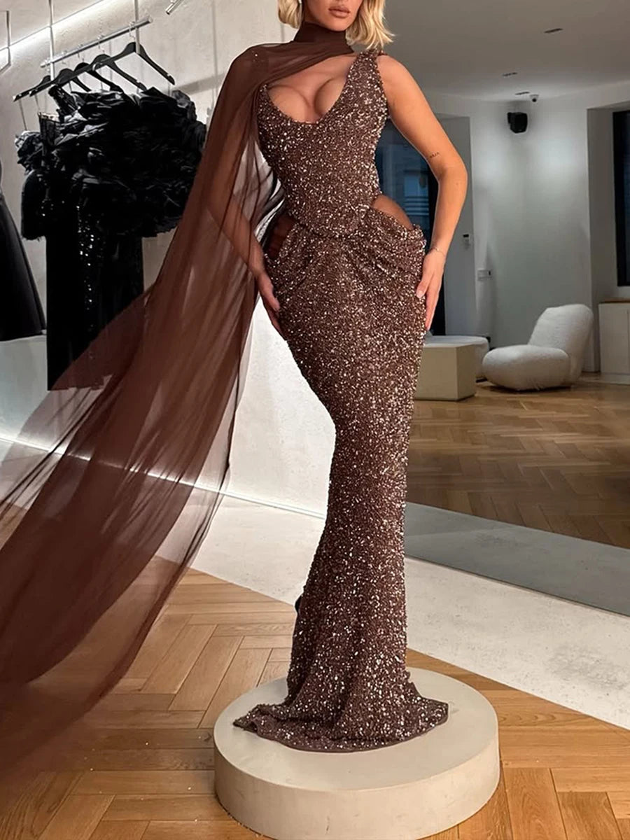 VGH Chic Sparkly Sequin Mermaid Maxi Dress for Women Deep V Sleeveless Mesh Cutout Waist with Sheer Cape for Evening Party Gown