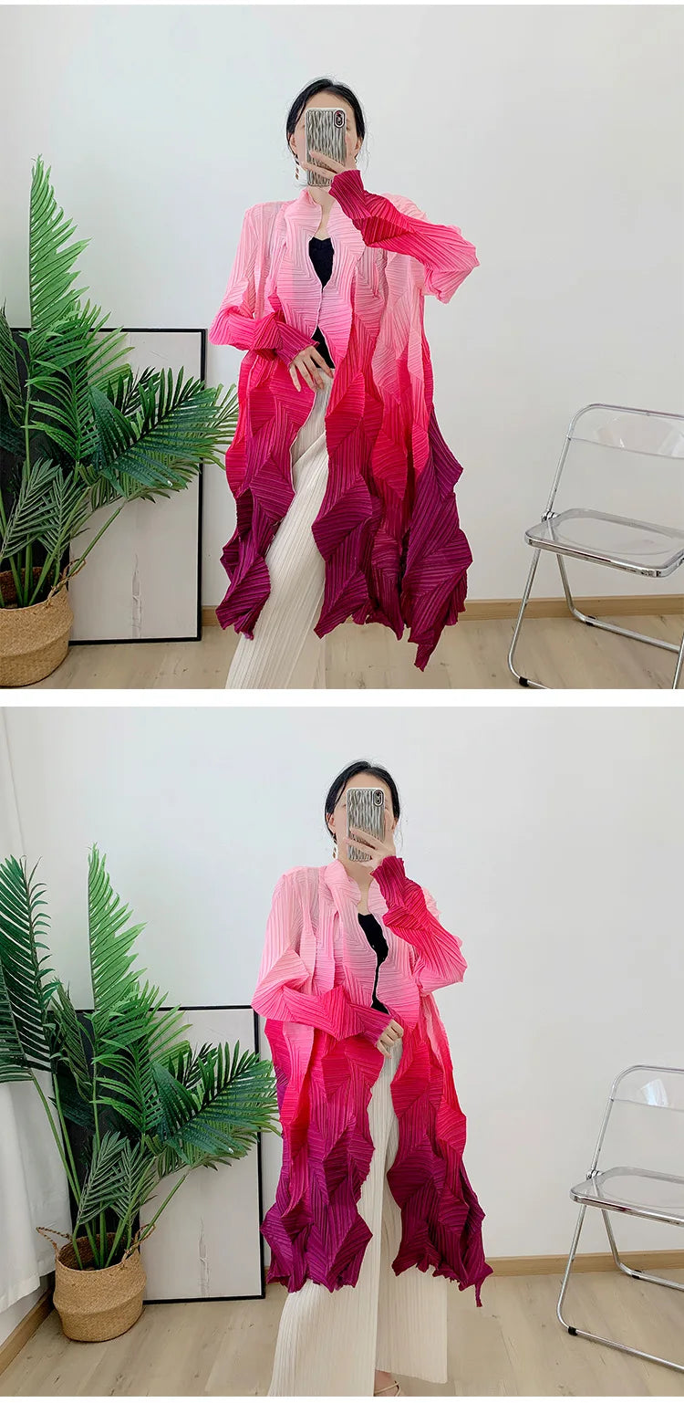 Women's Miyake Pleated Gradient Cardigan Cape Jacket | Loose Mid-Length Autumn Coat 2025 | AvantBah