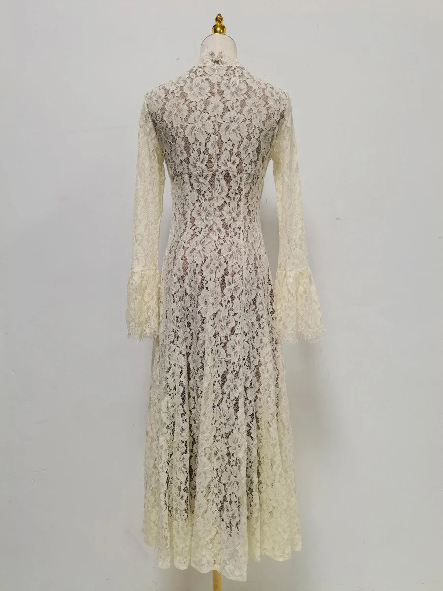 VGH White Loose Spliced Lace Chic Dresses for Women O Neck Long Sleeve French Elegant Dress Female Summer Fashion Style Clothing
