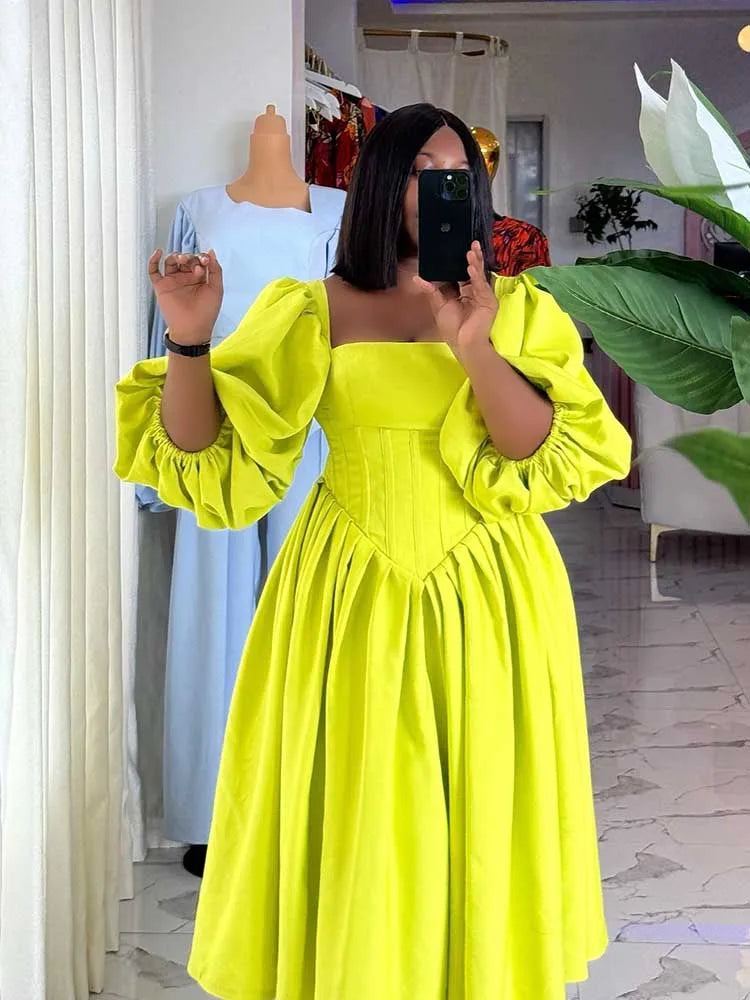 Women Ruched Sleeves Spring High Waist Elegant Slash Neck Long Sexy Green Dress