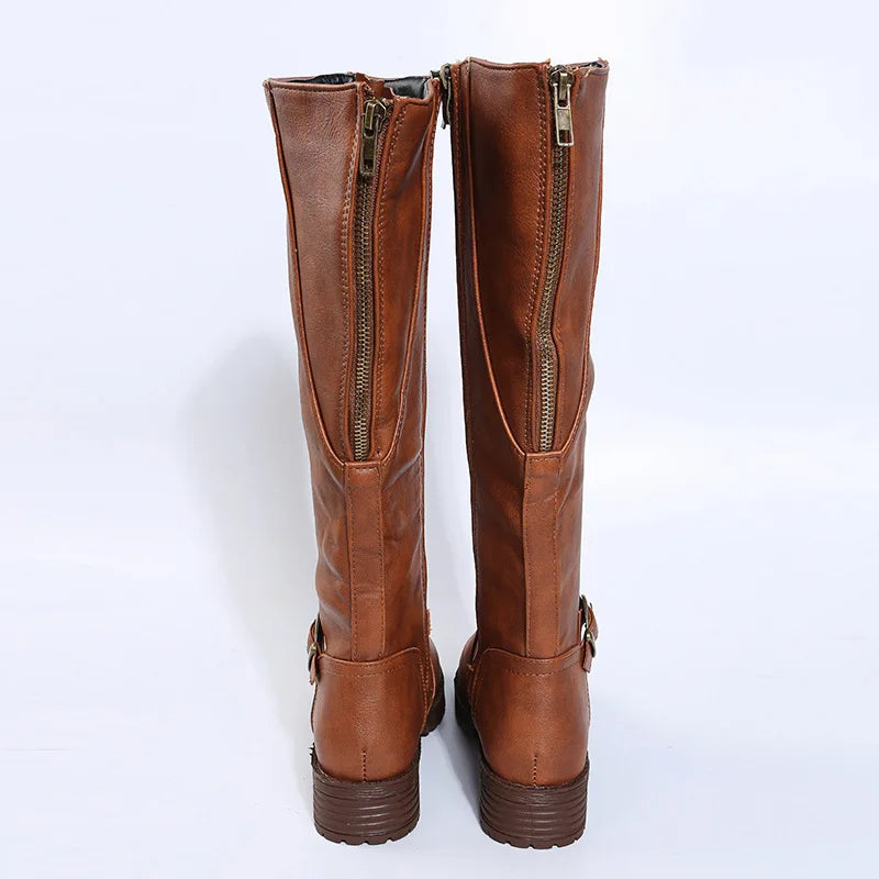 Women Knee High Boots Platform Long Boots Low Heels Round Toe Shoes New Zip Brown High Boot Vintage Pu Leather Women Boots 2025