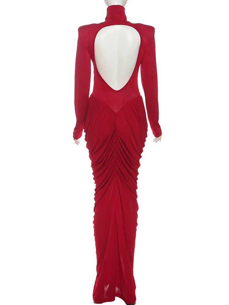 Weird Puss Autumn New Style Maxi Dress Women Turtleneck Full Sleeve Backless Skinny Stretch  Prom Party Ruched Elegant Vestidos