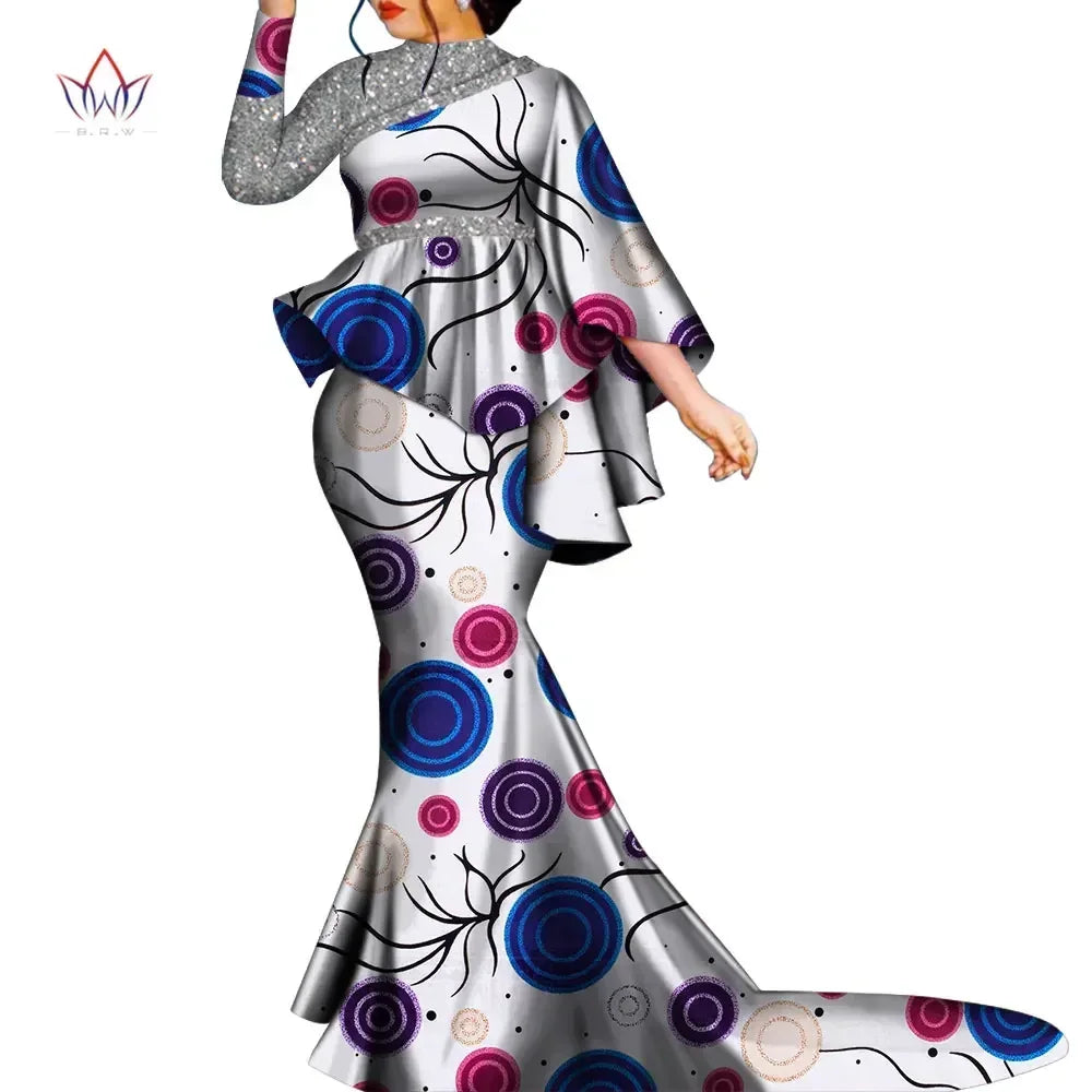 Women’s Ankara Print Bazin Riche 2-Piece Set – Sequin Bat Sleeve Top & Long Skirt | Dashiki | Party & Wedding | XS–6XL | 12 Prints