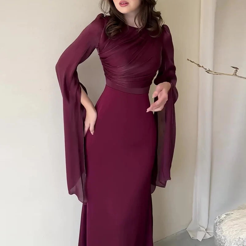 Robe en Satin Couleur Unie pour Femme, Robe de Soirée Élégante à Col Rond, Manches Chauve-souris, Taille Haute et Plissée, Robe Longue Mince et Tempéramentale