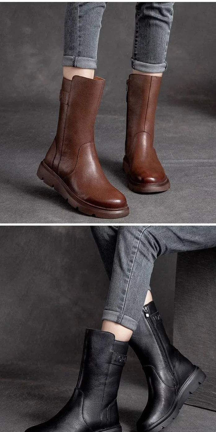 Genuine Leather Mid-Calf Motorcycle Boots Women's Autumn Winter New Style Retro Soft Bottom  Boots Trendy Short Boots