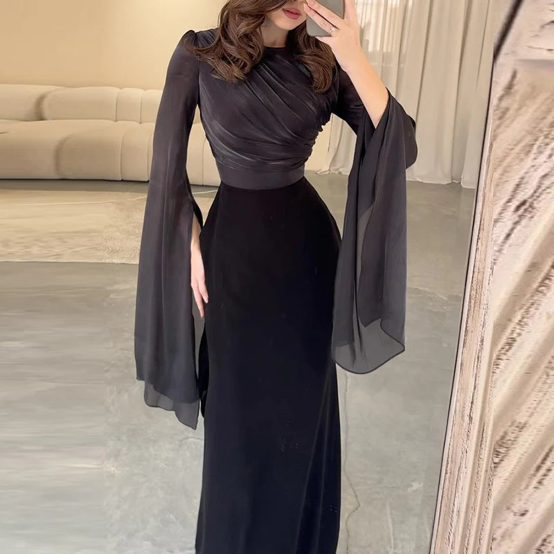 Robe en Satin Couleur Unie pour Femme, Robe de Soirée Élégante à Col Rond, Manches Chauve-souris, Taille Haute et Plissée, Robe Longue Mince et Tempéramentale