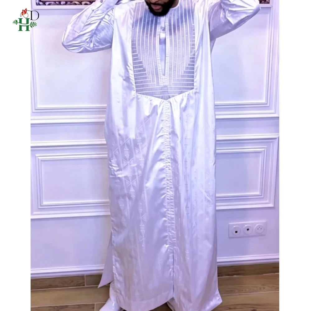 H&D African Clothing For Man Traditional Agbada Sets 3PCS Thobe Pant White Bazin Riche Embroidery Suits Wedding Party Plus Size