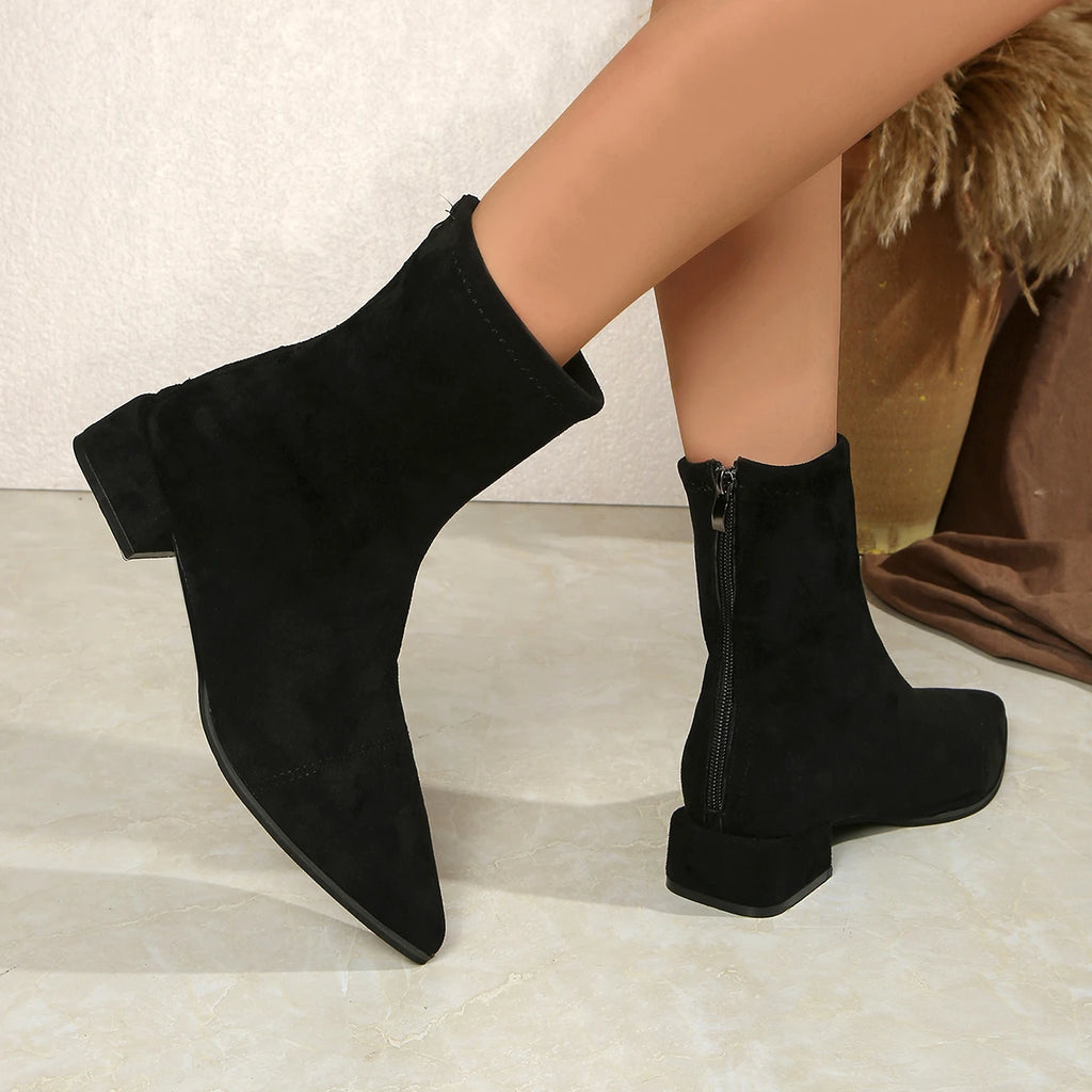 Winter Comfortable Square Heel Zipper Plus Size Work Boots Fashionable New Pointed Suede Sexy Casual Riding Boots for Women