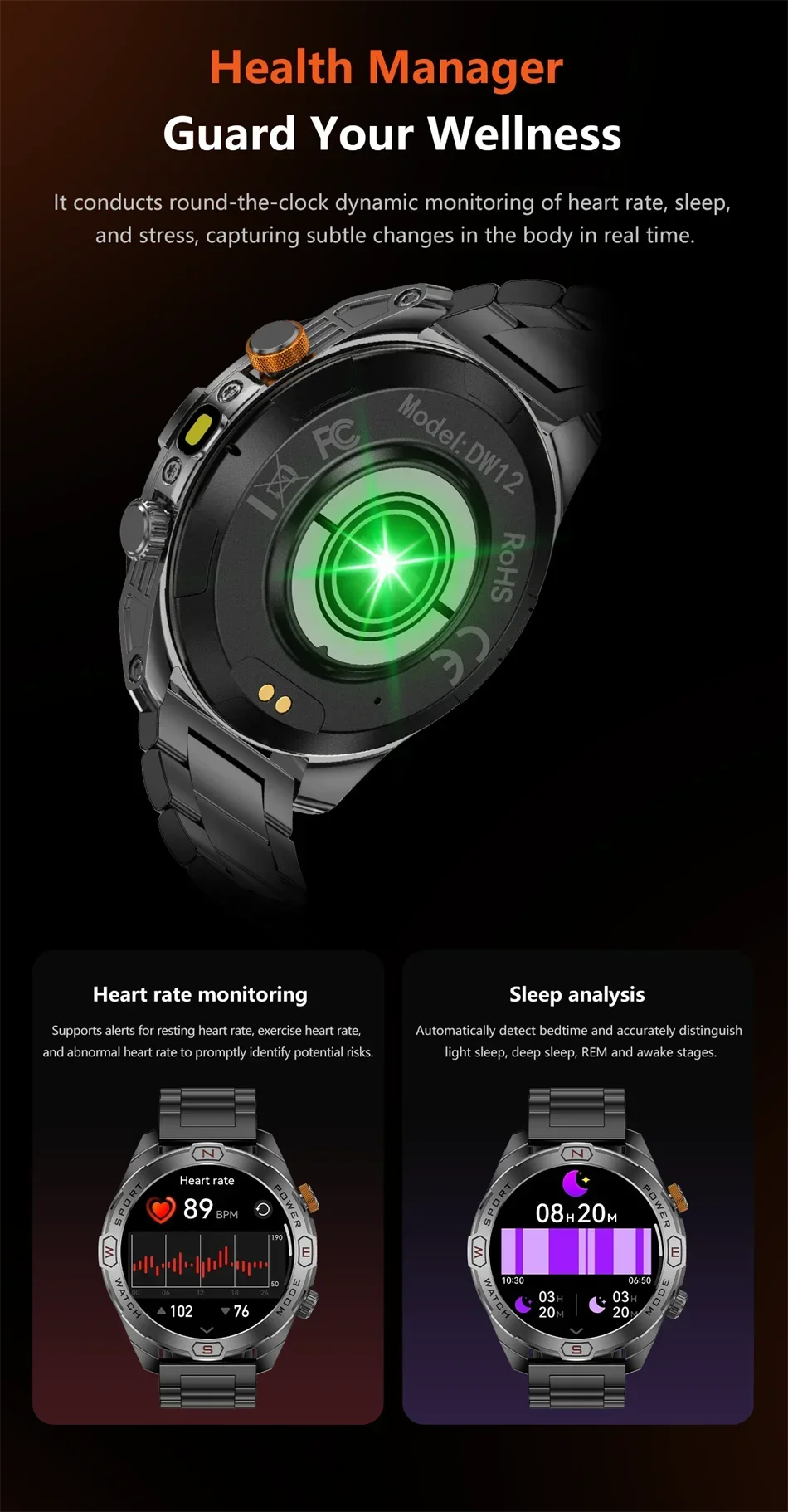 Military Grade 1200 mAh Battery Smart Watch Men LED Flashlight Outdoor Sports Fitness Tracker Compass Bluetooth Call Smartwatch