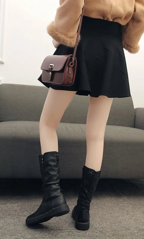 Footwear Half High Mid Calf Ladies Boots Flat Black Shoes For Women Round Toe Chic Point Hot Promotion Fashion 2025 Demi-season