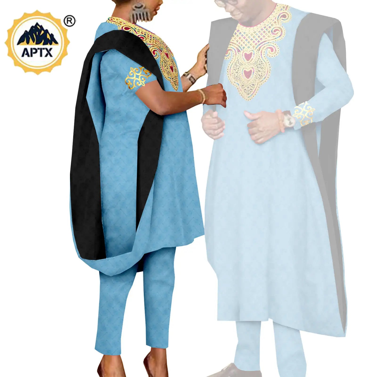 African 3 Pieces Suit for Men Matching Couple Outfits Agbada Dashiki Women Muslim Sets Bazin Riche Applique Robes Asoebi Y23C029