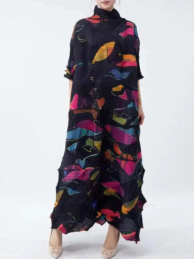 LANMREM Large Size Pleated Dress For Women Turtleneck Printing Loose Dresses Female Casual Clothing 2025 Spring New 2DB2113