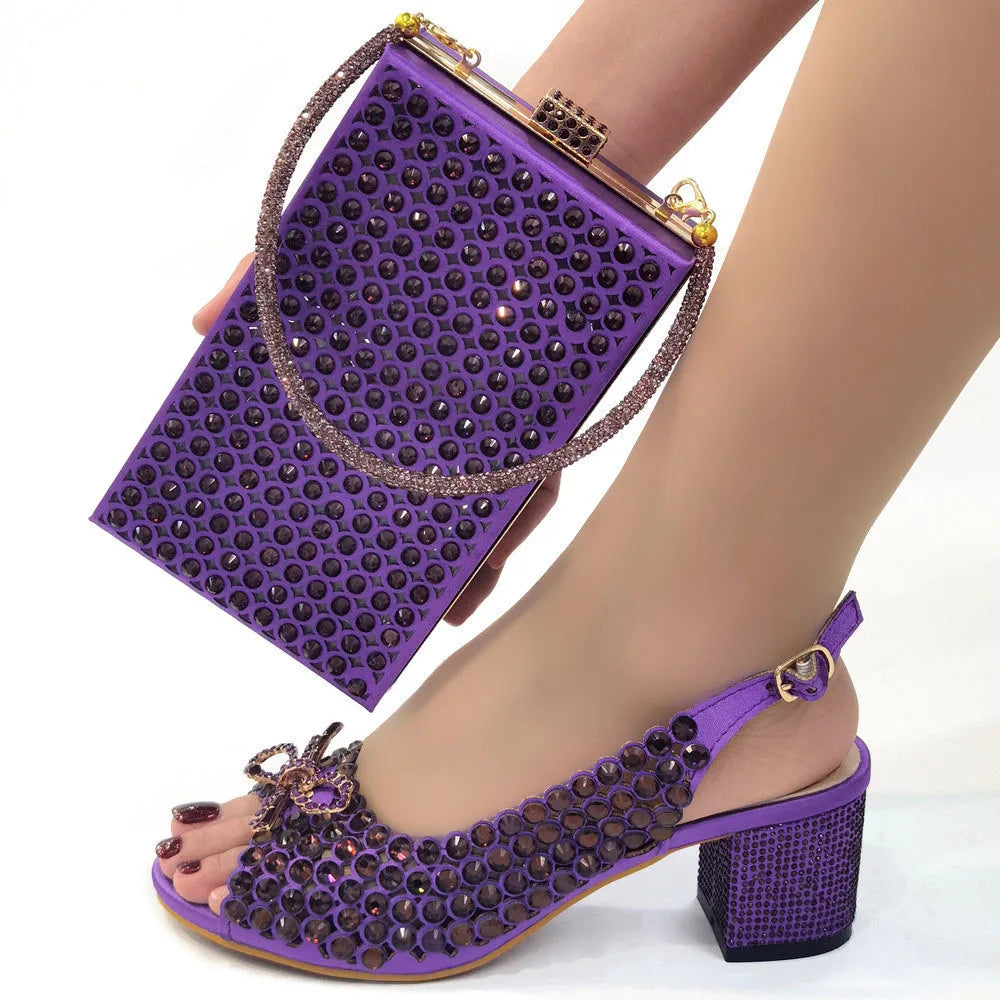Italian Design Full Drill Elegant Wine Evening High Heels Wedding Party Shoes Matching Clutch Handbag