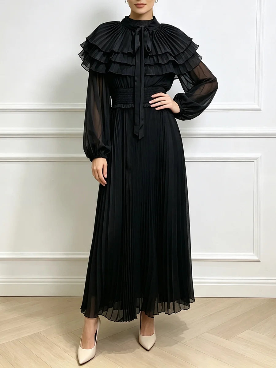VGH Classy Layer Ruffled Stand Collar Chiffon Maxi Dress for Women Tie Neck Balloon Long Sleeve Smocked Waist Pleated for Party