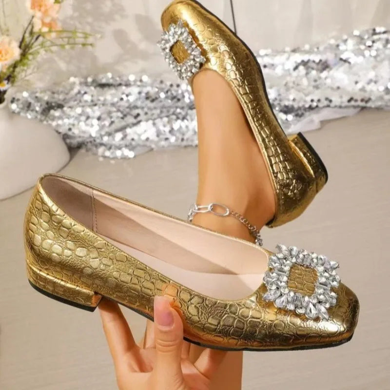 Gold Single Shoes Women's Square Toe Rhinestone High Heels 2025 Spring and Autumn Comfortable Soft Sole Block Heel Kitten Single