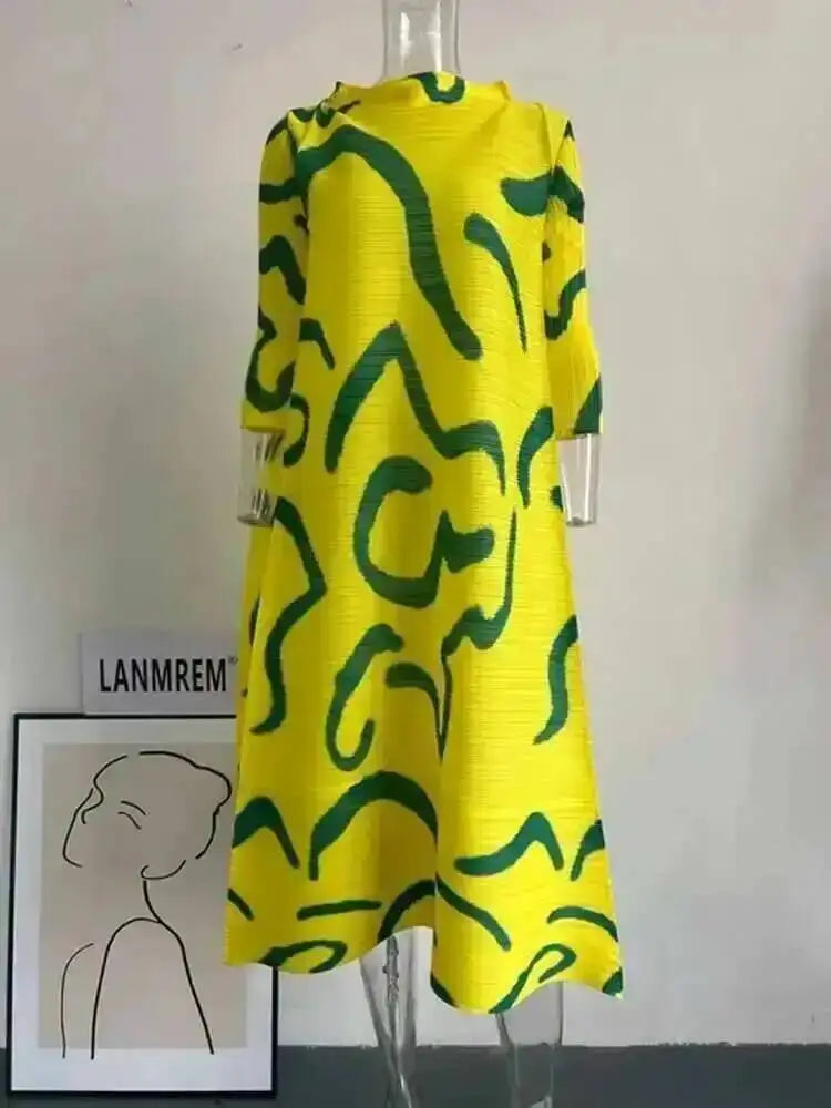 LANMREM Color Block Pleated Dress Women Loose Style Long Length Fashion Dresses Festival Clothes 2024 Spring Summer New 2DA1028