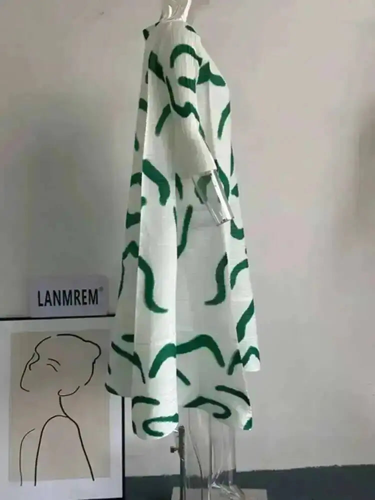 LANMREM Color Block Pleated Dress Women Loose Style Long Length Fashion Dresses Festival Clothes 2024 Spring Summer New 2DA1028