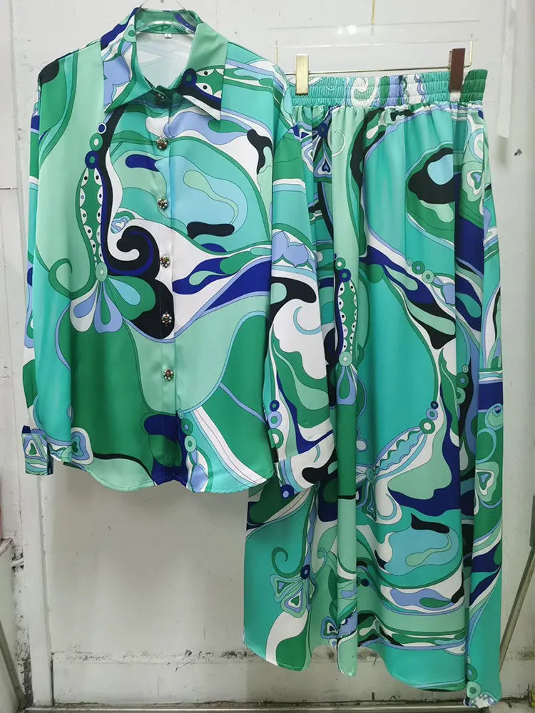 Women’s Retro 2-Piece Set – Geometric Print Long Sleeve Shirt & Elastic Waist Midi Skirt | Cotton Blend | S–XXL | 8 Colours