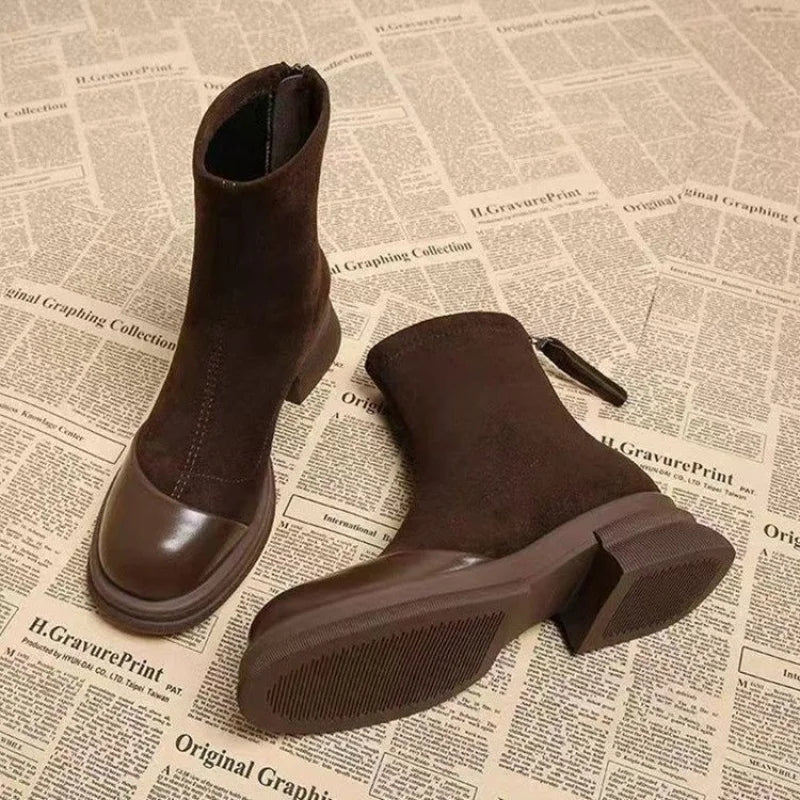 Women Patchwork Suede Ankle Boots Back Zipper Chunky Platform Heel Short Boots Fashion Autumn Winter Botas Mujer