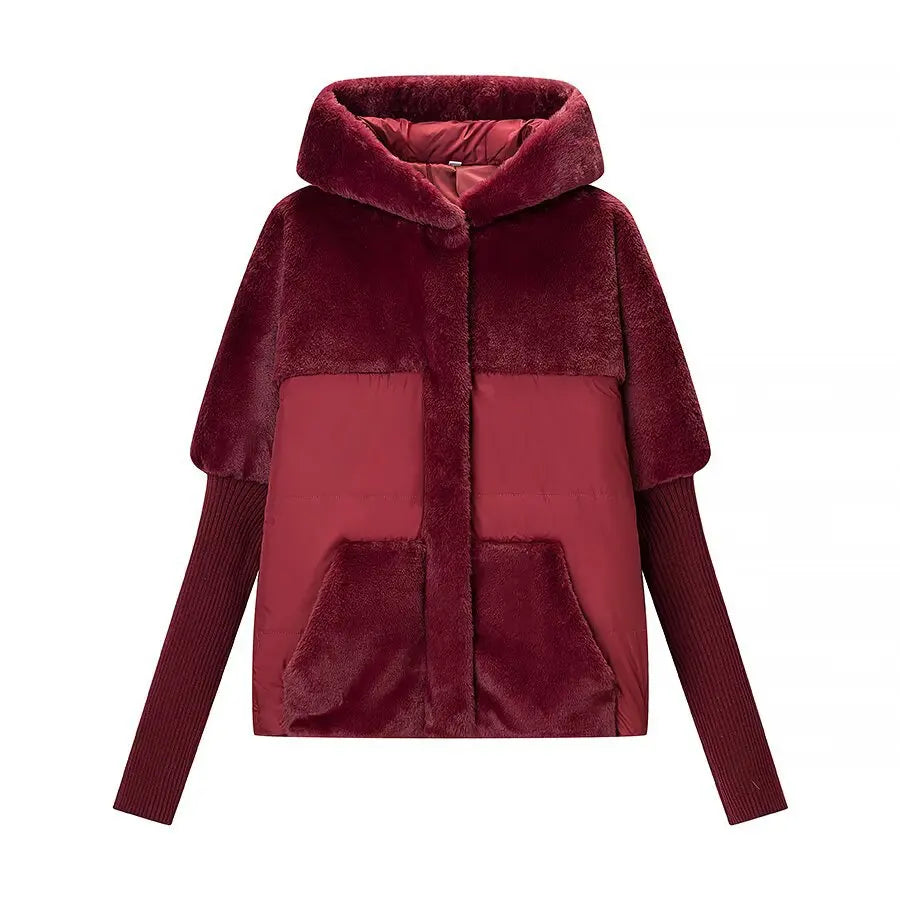 Women’s Hooded Faux Fur Patchwork Coat – Knit Sleeves | Drop Shoulder | Zip-Up | Cotton Padded | S–L | Black, Red & Dark Brown
