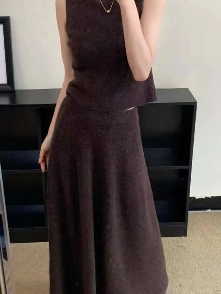 Ensemble 3 Pièces Tricoté Élégant Femme – Long Cardigan, Gilet Sans Manches, Jupe Longue Taille Haute Évasée