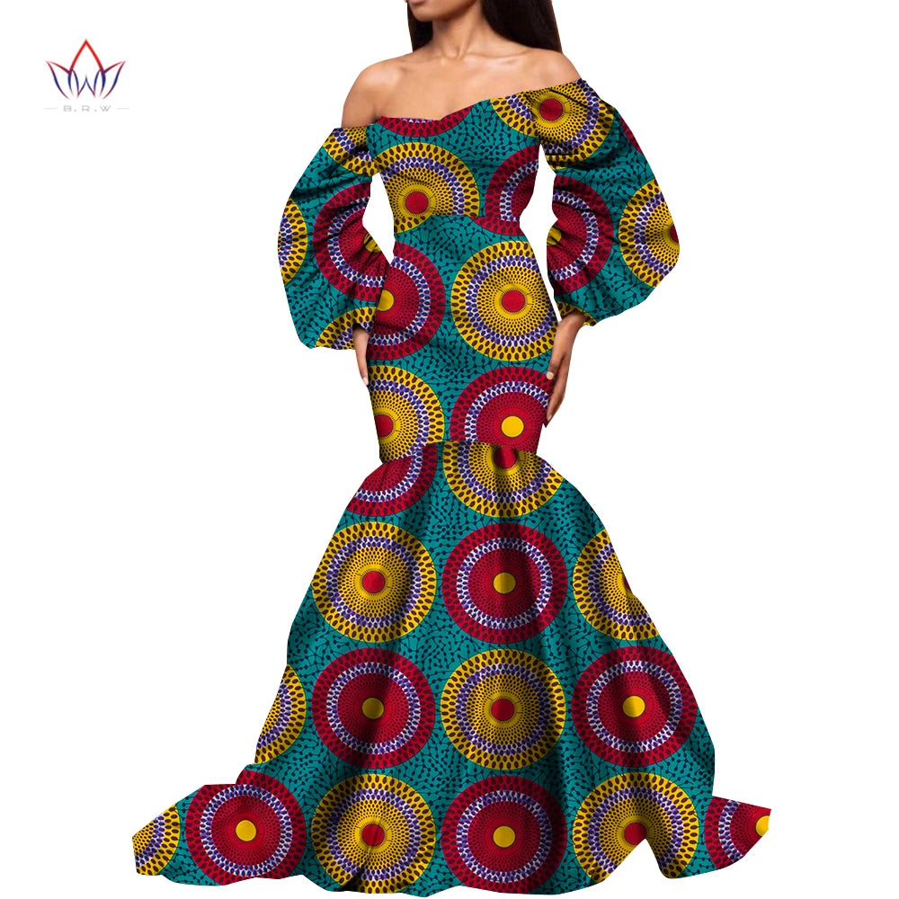 Dashiki African Dresses for Women Daily Party Wedding African Women Dresses Floor-Length Long Puff Sleeve Bandeau Dress Kg1092