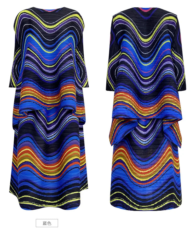 2025 Spring New Women's 2 Piece Set Miyake Pleated Top Fashion Stripe Age Reducing Suit Fashionable Matching Printed Half Skirt