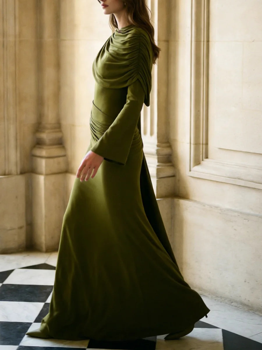 VGH Wedding Guests Green Shawl Mermaid Maxi Dress for Round Neck Flared Long Sleeve Draped Bodycon Skirt for Galas Red Carpet