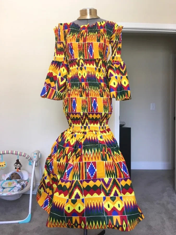 New African Dresses for Women Print Ruffles Sleeve Long Dresses Vestidos Stretch African Ankara Dresses Clothing WY4303
