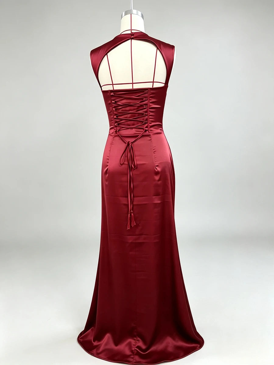 VGH Solid Fashion Satin Cowl Neck Maxi Dress For Women Sleeveless Ruched Waist Mermaid Hem Elegant Evening Banquet Chic Outfit